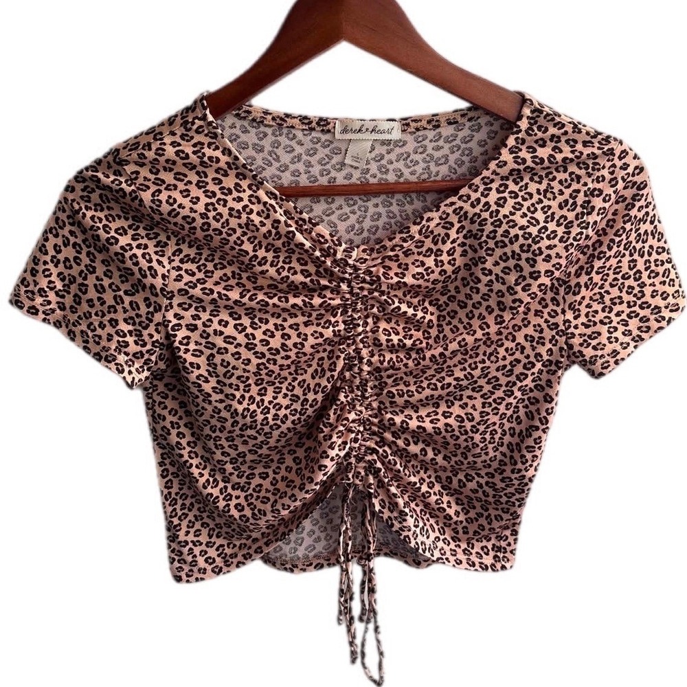 Derek Heart Crop Top Womens Small Tan Leopard Excellent Ruched Cinched Front